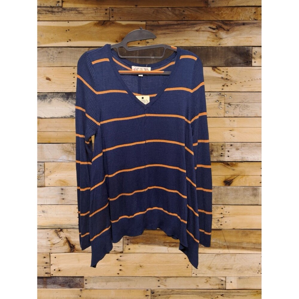 NWT Pink Rose Navy Mustard Stripe V-Neck Asymmetric Hem Sweater Y2k Size Medium